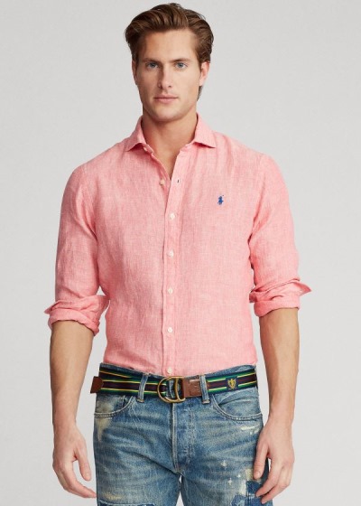 Camisa Polo Ralph Lauren Hombre Rosas - Slim Fit Linen Chambray - WQKJI4380